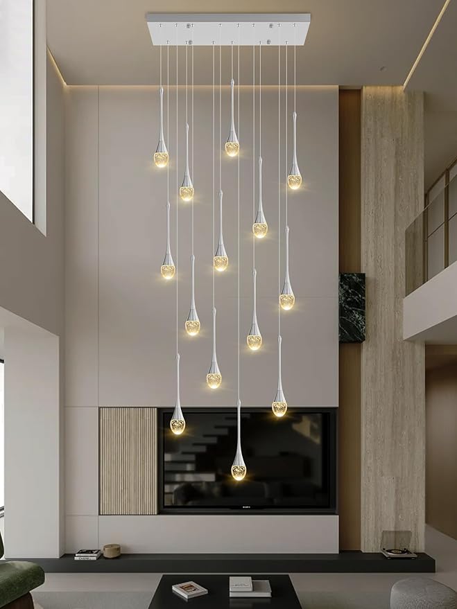 Modern Rectangular Chandelier,14 Lights Silver Raindrop Chandelier Lighting,Industrial Linear Pendant Ceiling Light Fixture for Dining Living Room Kitchen Island