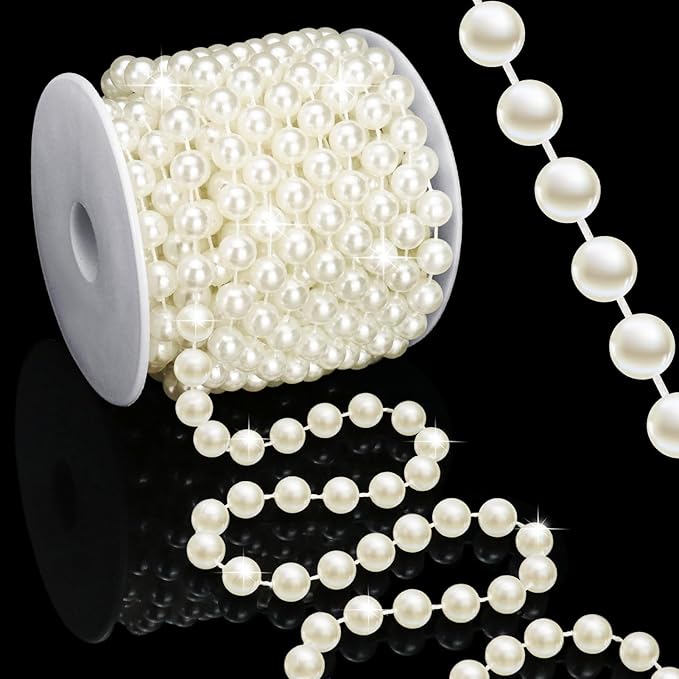 16 Feet 10mm Pearl Strings Garland for Crafts, Artificial Pearl Beaded Trim Chain Roll Strands for Wedding Centerpieces Bouquet Party Decoration Christmas Tree Garland, Ivory
