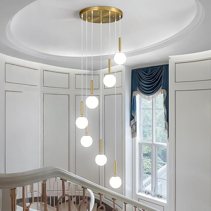 7-Lights Gold Chandelier with Milk White Glass Hanging Fixture Light for Kitchen Island Mid Century Modern Globe Pendant Light for Foyer Living Room Entryway Hallway