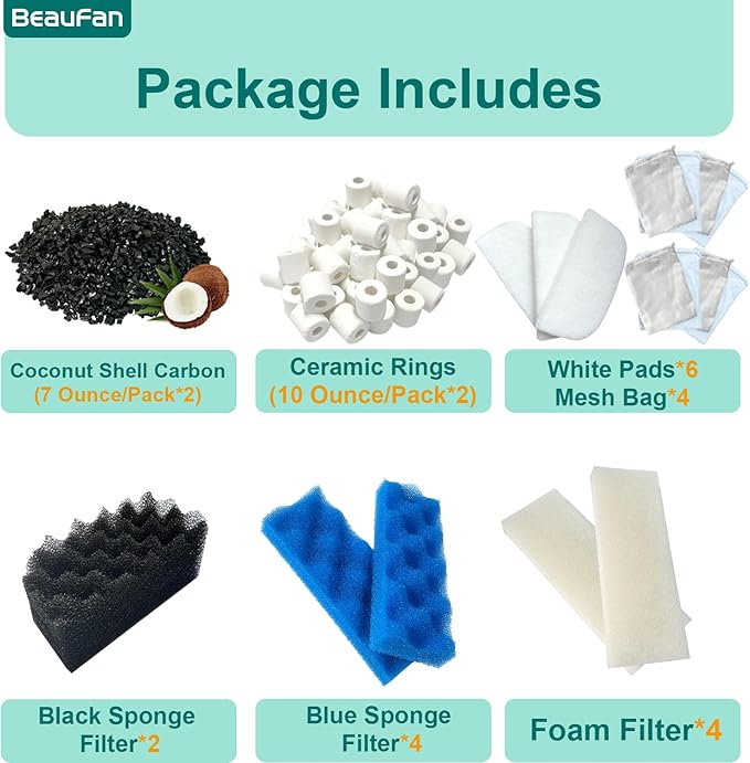 24 Pack Aquarium Media Kit Replacement for Fluval 206/207 Canister Filters, Replacement Bio Foam Filters, Activated Carbon & Ceramic Rings (2 Sets Maintenance Bundle)