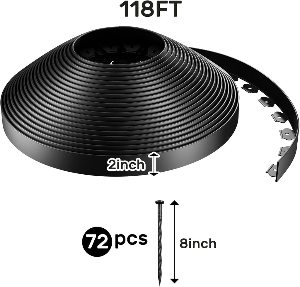 AGTEK 118FT Plastic Landscape Edging Kit 2inch Height No-Dig Garden Edging Border Lawn Edging Roll for Flower Bed Lawn Yard, Black, with 72 Anchoring Spikes
