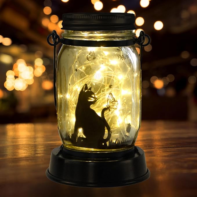 Styleonme Decor Mobile Outdoor Solar Lanterns, Cat & Butterfly Fairy Lights Theme Garden, Mason Jar Solar, Gifts for Mom, Grandma, Women, Everyone, Cat Themed Gifts, Garden Fence Patio Lawn Decor