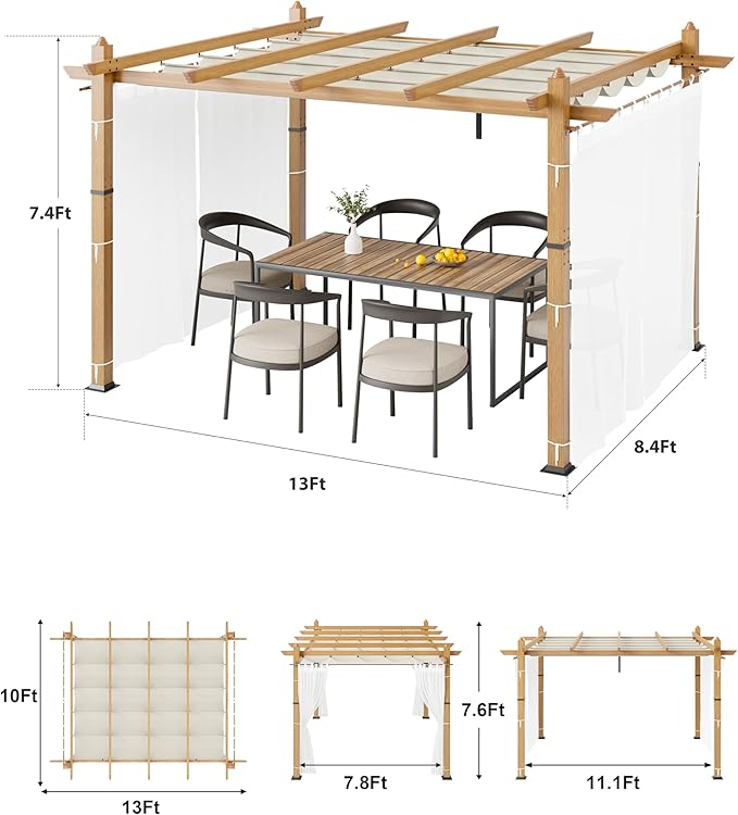 10x13 Ft Outdoor Aluminum Pergola, Upgraded Faux Wood Grain Retractable Pergola with Adjustable Roof & Side Mesh Screen, Modern Metal Patio Gazebo for Deck, Backyard, Porch, Vineyards, Beige + White