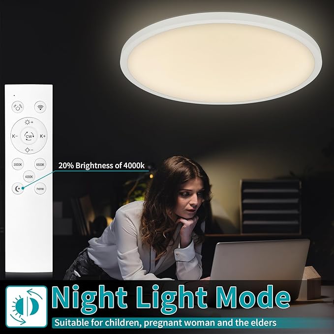 24 Inch Led Ceiling Light Fixture, Ultra Thin Flush Mount, Dimmable with Remote Control, 56W, 5600 Lumen, Modern, Round, White, for Kitchen, Dining Room, Bedroom, Living Room, Home Office