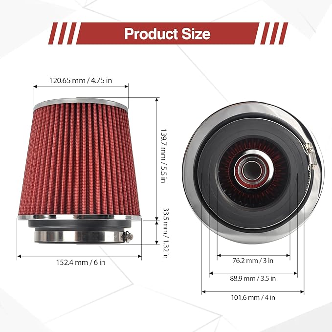 Universal Clamp On Air Intake Filter fits 3 In /3.5 In /4 In Three Different Size, Cone Air Intake Filter-Red