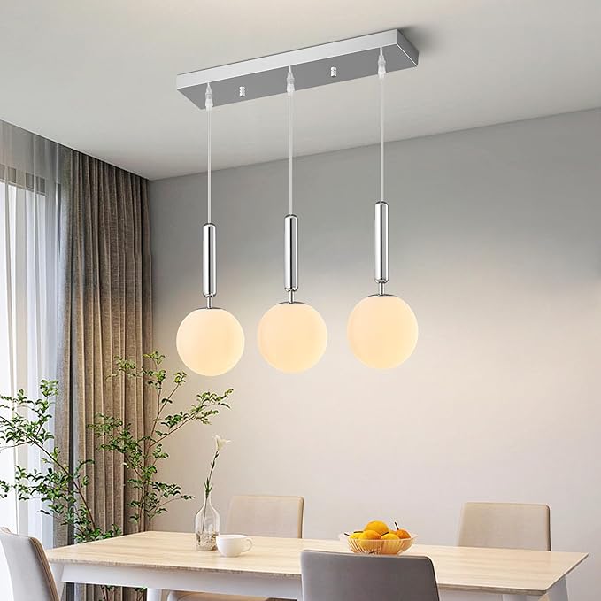 Modern Chrome Pendant Lights Kitchen Island Mid Century with Globe Pendant Light Milk White Glass Pendant Lighting for Living Room Bedroom Entryway (3 Lights)