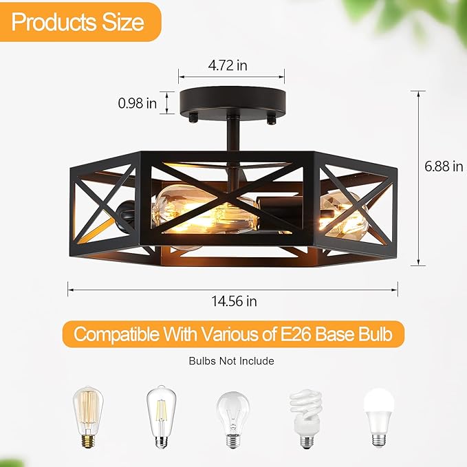 Semi Flush Mount Ceiling Light Fixture, Modern Farmhouse 3-Light Black Ceiling Light, Industrial Close to Ceiling Light with Metal Hexagon Cage Ceiling Lamp for Kitchen, Hallway, Bathroom