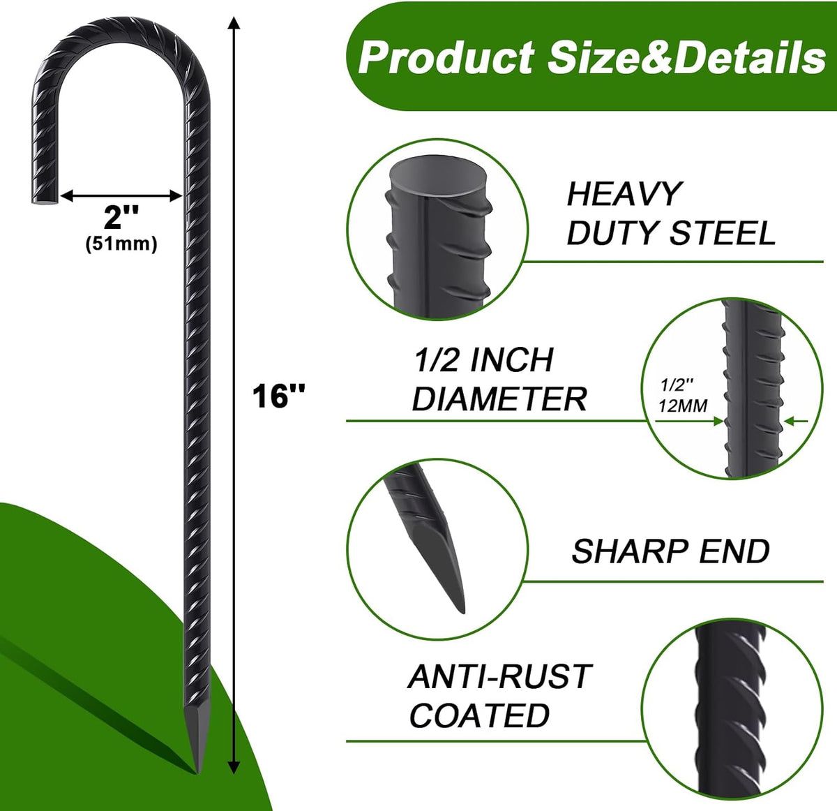 AAGUT Rebar Stakes 16 Inch 16 Pack 1/2" Heavy Duty J Hook Ground Spikes, Tent Stakes Chain Link Fence Metal Steel Anchors for Outdoor Decorations, Inflatables, Trampoline, Canopy, Swing Set