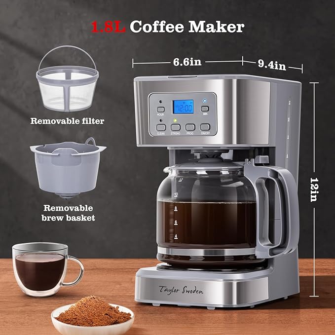 Taylor Swoden 12-Cup Programmable Coffee Maker, Regular & Strong Brew Drip Coffee Machine for Home and Office, Glass Carafe, Pause & Serve, Auto Shut Off, Gray & Stainless Steel