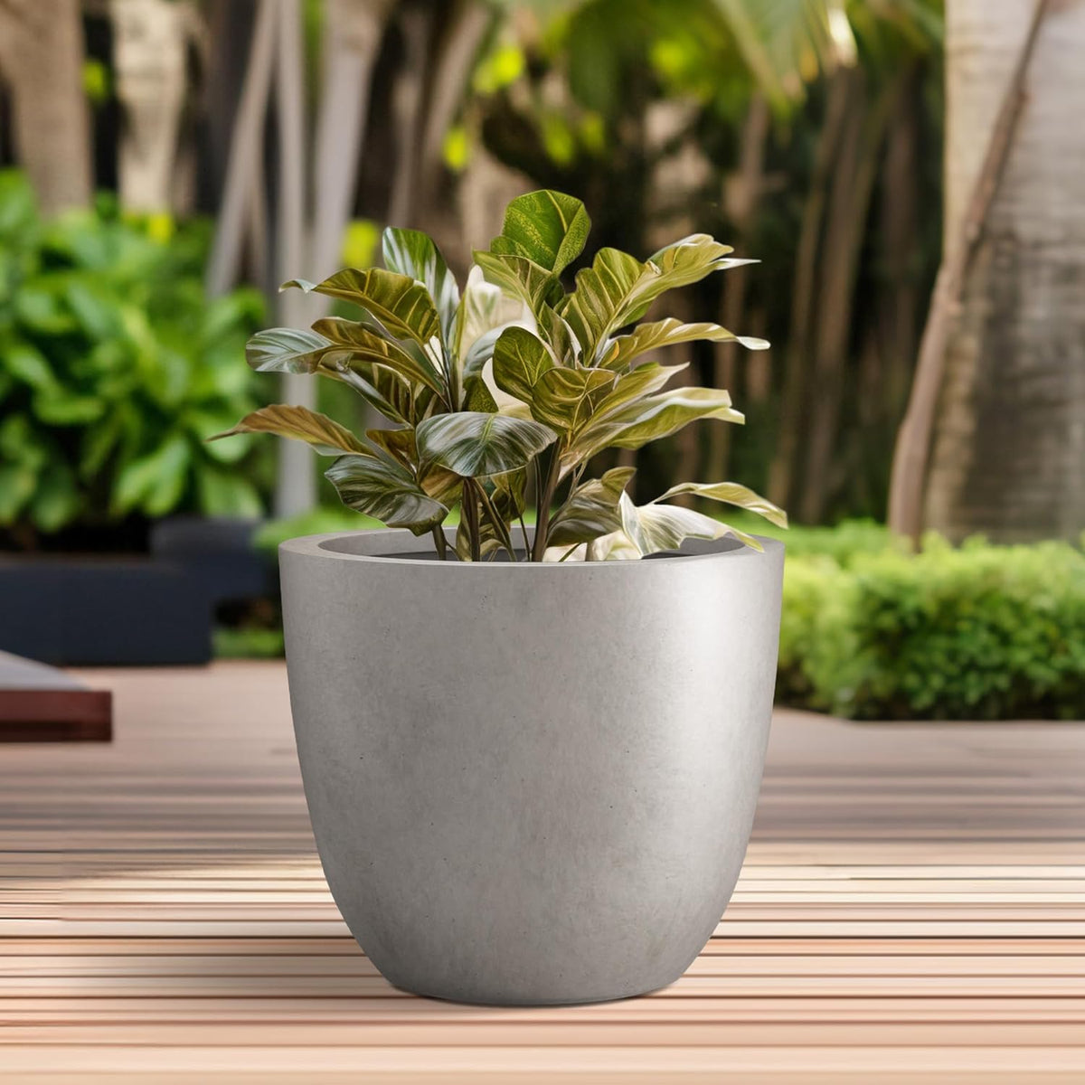Kante 10 Inch Dia Round Concrete Planter, Indoor Outdoor Large Plant Pot with Drainage Hole and Rubber Plug for Home Patio Garden, Weathered Concrete