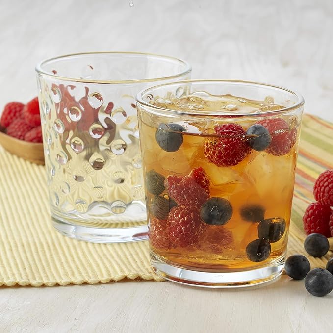 Libbey Awa Tumbler and Rock Glasses Drinking Set, Elegant Polka Dot Drinking Glasses Set of 16, All Purpose Glass Cups Set for Events and Everyday Use