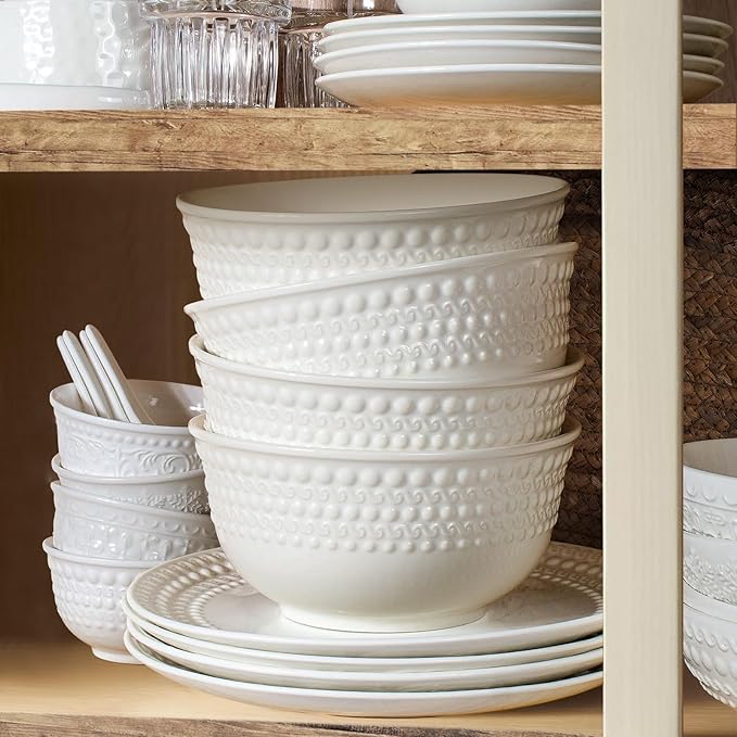 Large Salad Bowls Set of 4, 60oz White Serving Bowls Deep Deep Embossed Ceramic Mixing Bowl for Soup Kitchen, Eating, Ramen, Pasta, Dishwasher & Microwave Safe 8 inch (Auspicious Clouds)