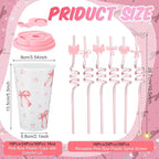 Yungyan 36 Sets Pink Bow Party Favors Goodie Cups with Lids and Straws for Birthday Coquette Party Decorations Reusable 16oz Plastic Candy Cups Plastic Straws for Christmas Decor(Pink Bow)