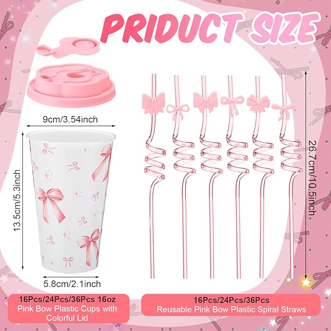 Yungyan 36 Sets Pink Bow Party Favors Goodie Cups with Lids and Straws for Birthday Coquette Party Decorations Reusable 16oz Plastic Candy Cups Plastic Straws for Christmas Decor(Pink Bow)