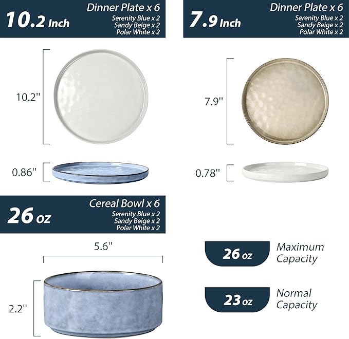 LIANYU 18 Piece Dinnerware Sets for 6, Stoneware Plates and Bowls Dish Set, Ceramic Dinner Ware Dishware for Kitchen Dining, Microwave & Dishwasher Safe, Three-Color