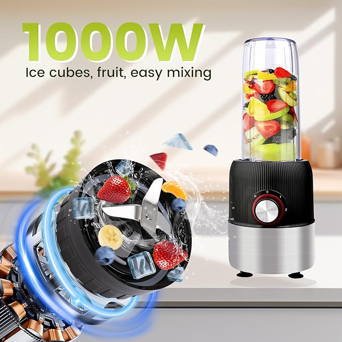 Smoothie Blender,1000W Max Blenders for Shakes and Smoothies in Kitchen, With Two Portable Bottle and Spout Lids(1 * 27oz&1 * 6.7oz),Coffee Grinder, 3 Modes Nutritional Recipe Blender,Black