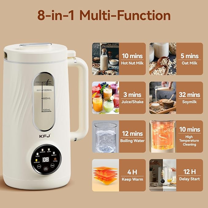 KFJ 8 in 1 Nut Milk Maker Machine, 41oz Homemade Coconut, Soy, Oat, Almond, Plant Based Milks and Non-Dairy Beverages with Delay Start/Boil Water/Self-Cleaning, White