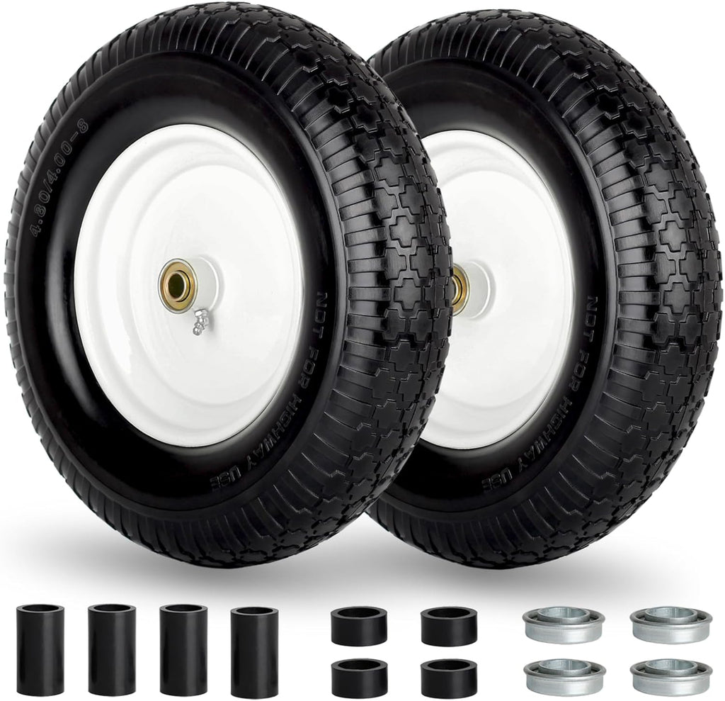 4.80/4.00-8" Wheelbarrow Tire, 16" Flat-Free Solid Tire and Wheel, 3" Centered Hub, 5/8" Axle Bore Hole,for Garden Wagon Cart Trolley Dolly Replacement(2 Pack)