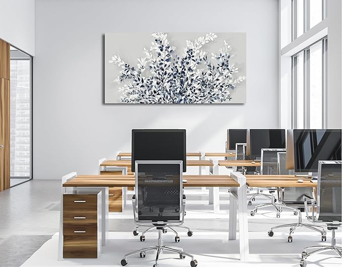 NINEASO Botanical Flowers Wall Art - Indigo Blue and White Floral Canvas Pictures Spring Blooming Painting Gray Background Printing Artwork Living Room Bedroom Home Office Wall Decor 29" x 58"