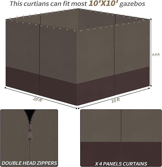 Gazebo Privacy Curtains 10' x 10' with Zipper 4-Panels Side Wall Universal Replacement for Patio, Outdoor Canopy, Garden and Backyard Khaki and Brown (Curtain Only)