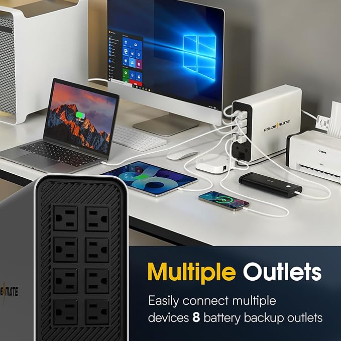GOLDENMATE 1000VA/800W Lithium UPS Battery Backup and Surge Protector, Backup Battery Power Supply with LiFePO4 Batteries(230.4 Wh), Sinewave UPS System, 10 Years Lifespan, 8 Outlets, LCD Display