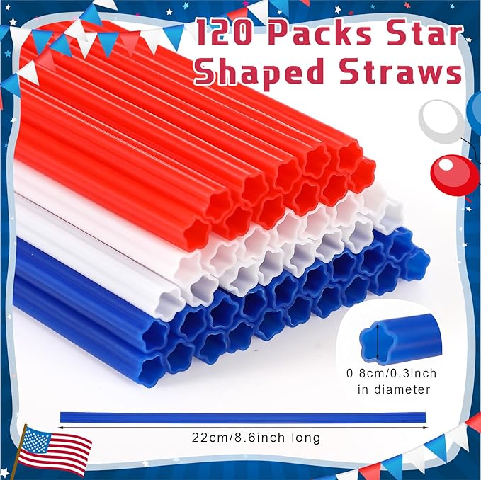 120 Pcs Plastic Straws Red Blue White Star Shaped Straws Patriotic Disposable Drinking Cute Straw for Veterans Day 4th of July Independence Day Party Beverage Cocktail Remembrance Supplies