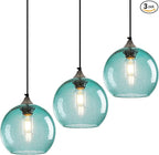 Light Blue Glass Pendant Lights Kitchen Island Lighting Globe Pendant Light Fixtures Modern Pendant Lighting for Bedroom Living Dining Room Light Fixture (7.87 in, 3 Pack)
