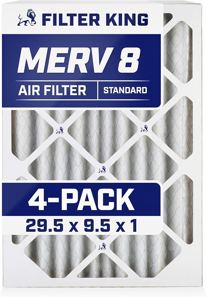 Filter King 29.5x9.5x1 Air Filter | 4-PACK | MERV 8 HVAC Pleated A/C Furnace Filters | MADE IN USA | Actual Size: 29.5 x 9.5 x .75"