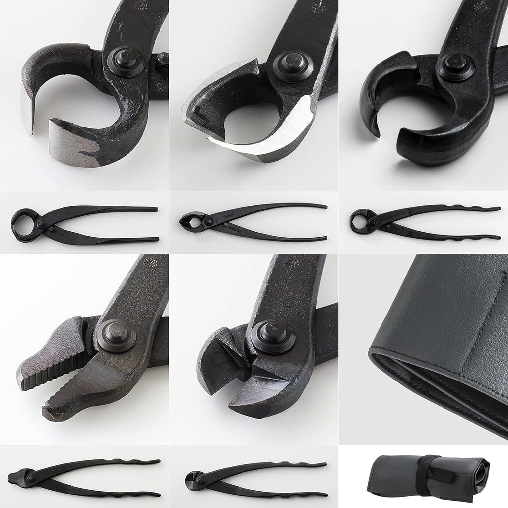 Wazakura Made in Japan 5 PCS Bonsai Cutter Tools Set with Roll Bag: Concave Branch Cutter, Knob Cutter, Jin Plier, Wire Cutter, Root Cutter. Bonsai Tool Kit - 5PCS Bonsai Cutter Set with Case