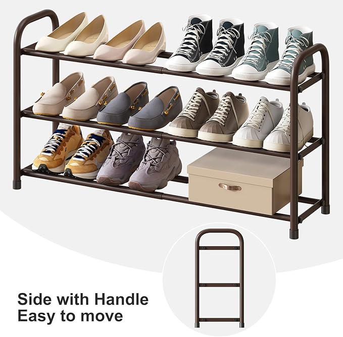 Expandable Shoe Rack for Closet, 3-Tier Shoe Organizer for Closet, Metal Adjustable Black Shoe Shelf Storage Organizer, Free Standing Shoe Rack for Entryway