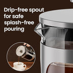 BAYKA 34oz French Press Cold Brew Coffee Maker, Heat and Cold Resistant Thickened Borosilicate Glass Stainless Steel Press Percolators, Iced Tea Pot Pitcher for Kitchen Travel Camping,1 Liter,Silver