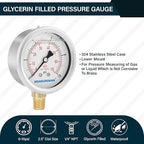 MEASUREMAN 2-1/2" dial,Glycerin Filled, Stainless Steel case, Brass Inside, 0-10psi/kpa,1/4" NPT Lower Mount