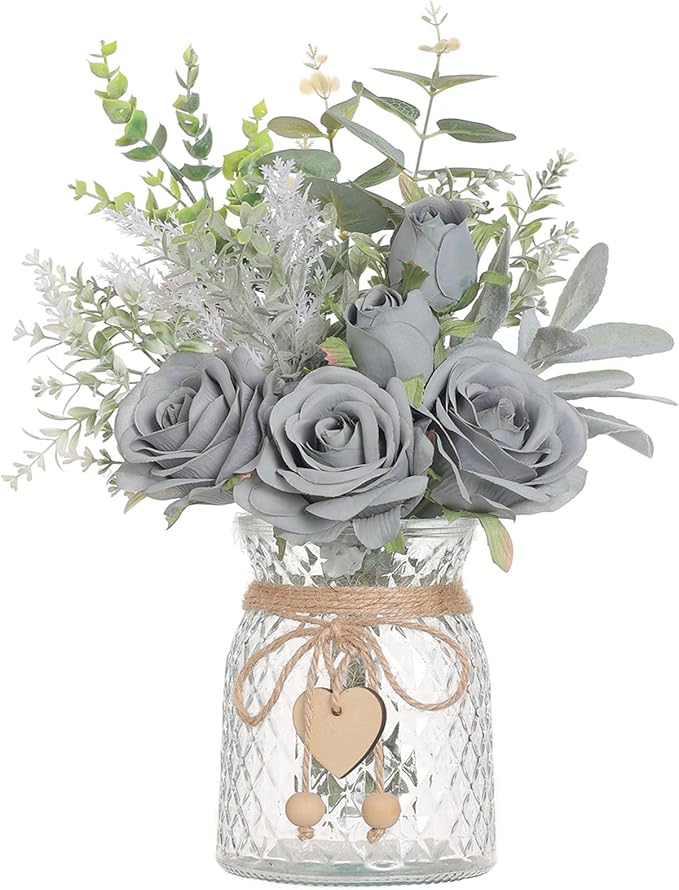 Faux Flowers with Vase,Artificial Silk Roses in Vase, Fake Plant Eucalyptus Flower Arrangement for Home Office Farmhouse Bathroom Dining Table Centerpiece Decorations Coffee Table Decor (Grey Blue)
