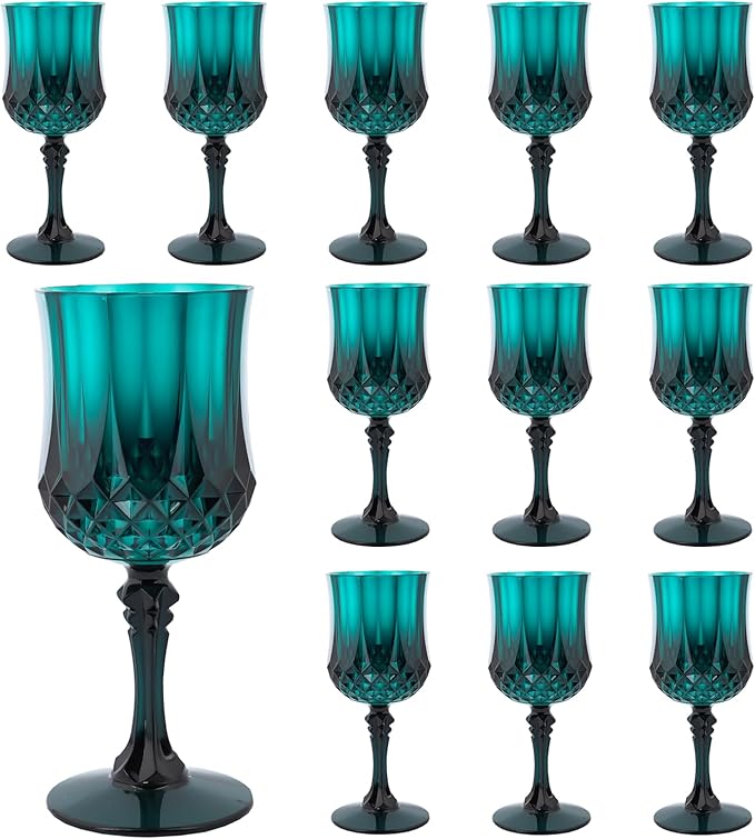 Plastic Wine Glasses，Plastic Goblets Vintage Style Cordial Drinking Glasses for Wedding Reception, Grand Event Party Supplies (12, Green)
