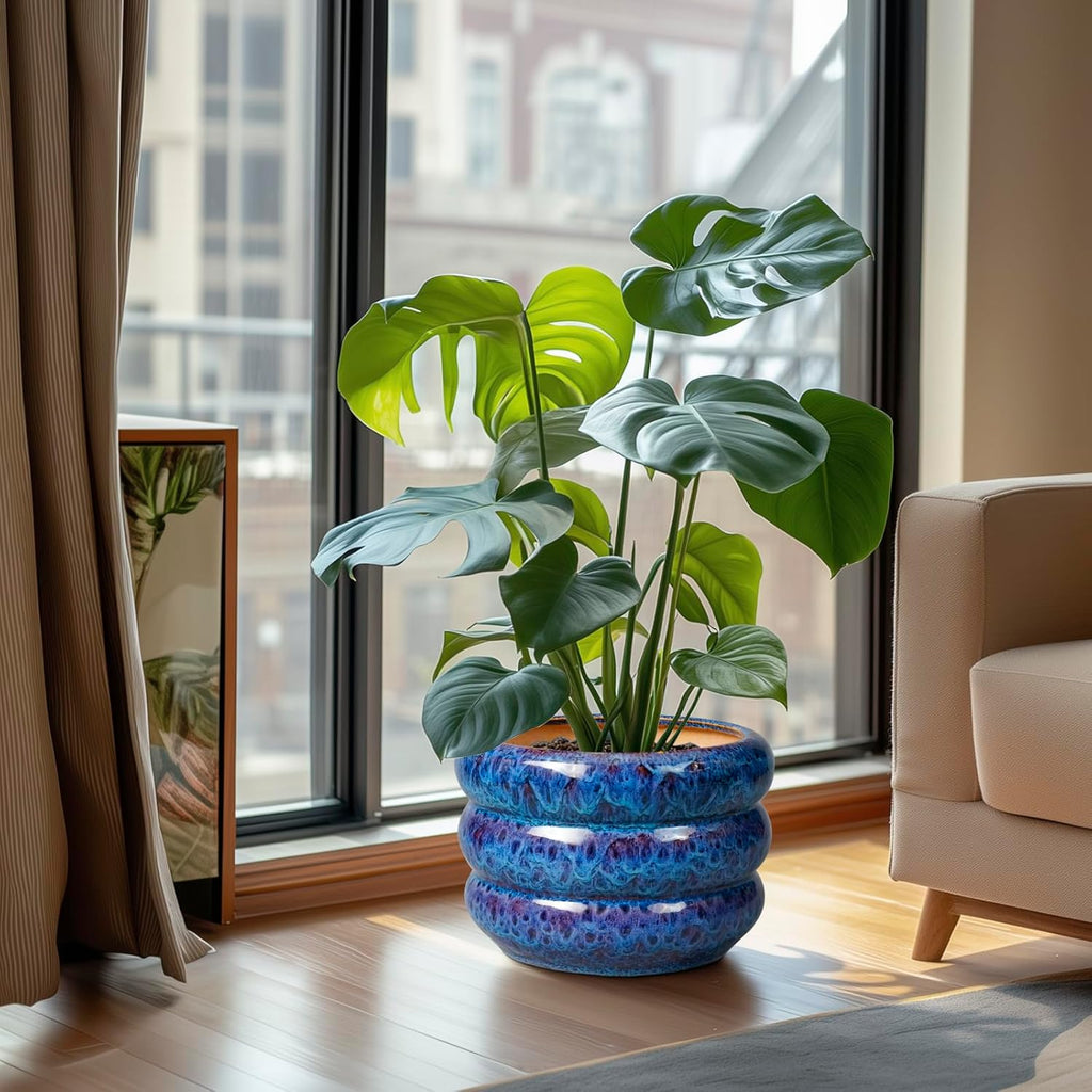 SQOWL Ceramic Pot for Plants - 10 Inch Plant Pot Indoor Outdoor Planter with Drainage Hole Large Flower Pot Decorative Plant Pot for Patio Living Room Decor Blue