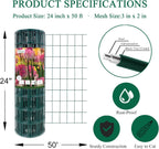Green PVC Coated Welded Wire Fence 24 Inch x 50 Foot, 2 Inch x 3 Inch 16GA, Garden Border Fencing Roll Vinyl Coating Metal Wire Mesh for Yard Vegetable Plant Protection Poultry Netting