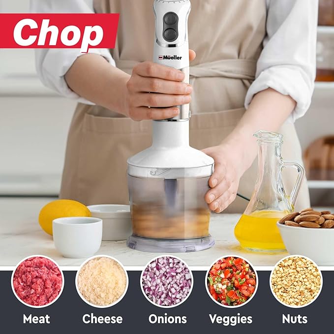 Mueller Multistick 800W 5-in-1 Immersion Blender Handheld, 12 Speed Hand Mixer - Turbo Boost, Heaviest Duty Copper Motor, Titanium Blades Blenders for Kitchen, Milk Frother Wand, Whisk, White