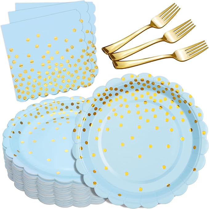Light Blue Paper Plates and Napkins Party Supplies, Disposable Gold Dot Dessert Plates and Scalloped Napkins for Blue Party Decorations, Serves 35 Guests