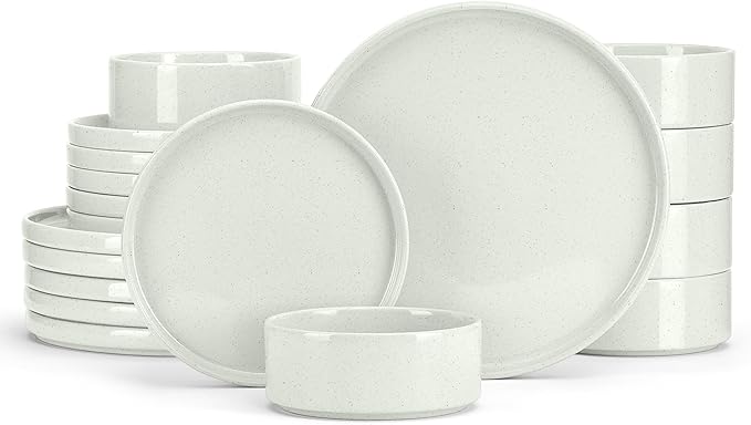 E-far Dinnerware Sets for 6, 18-Piece Stoneware Plates and Bowls Set, Modern Kitchen Dinning Dishware, Chip and Scratch Resistant, Microwave & Dishwasher Safe, Speckled White