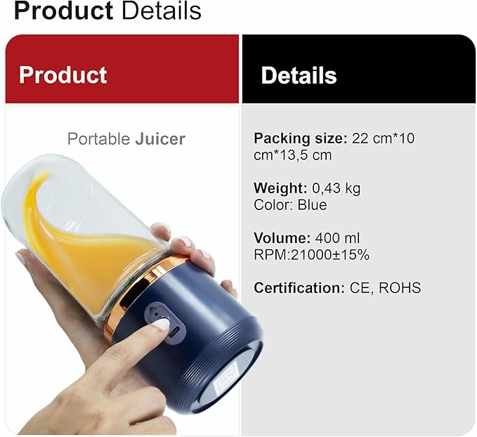 Regalosonline Portable Blender - 10 Oz Smoothie USB Charge Mini Blender BPA Free for Shakes and Smoothies with 6 Blades