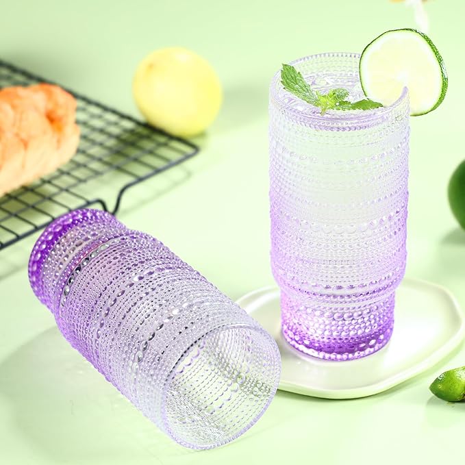 6pcs Hobnail Drinking Glasses Set, 16 oz Vintage Glassware Drinking Glasses, Gradual Purple Water Glasses Tumbler, Cups for Kitchen, Juice, Beer, Cocktail, Whiskey