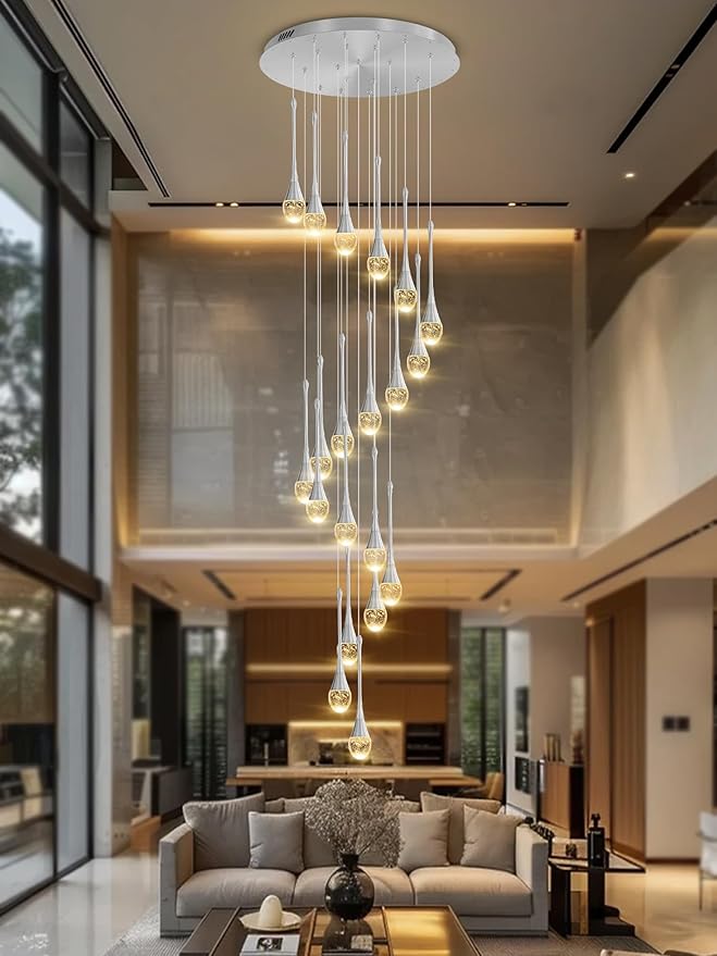 H138 Modern Chandelier for High Ceiling 26-Lights Chrome Raindrop Chandeliers Crystal Pendant Light Fixture Large Chandelier for Staircase Foyer Villa Dimmable LED Hanging Light