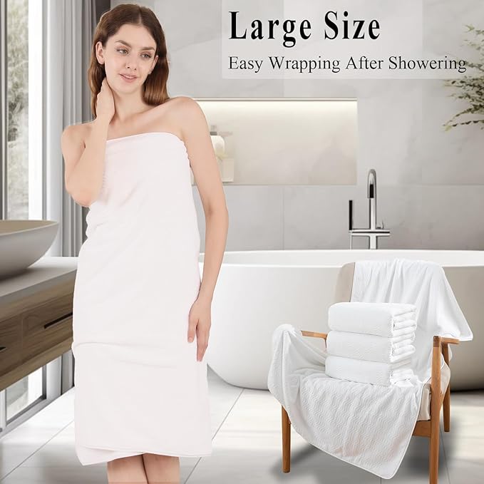 White Bathroom Towels Set of 4, 35x70 Inches Oversized Bath Towels Extra Large Microfiber Shower Towels Textured Ultra Soft Absorbent Quick Dry Towel Bath Sheets for Adults Bathroom Hotel Spa