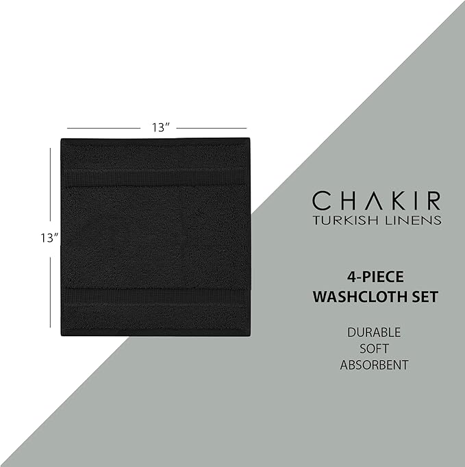 Chakir Turkish Linens | Hotel & Spa Quality 100% Cotton Premium Turkish Towels | Soft & Absorbent (4-Piece Washcloths, Black)