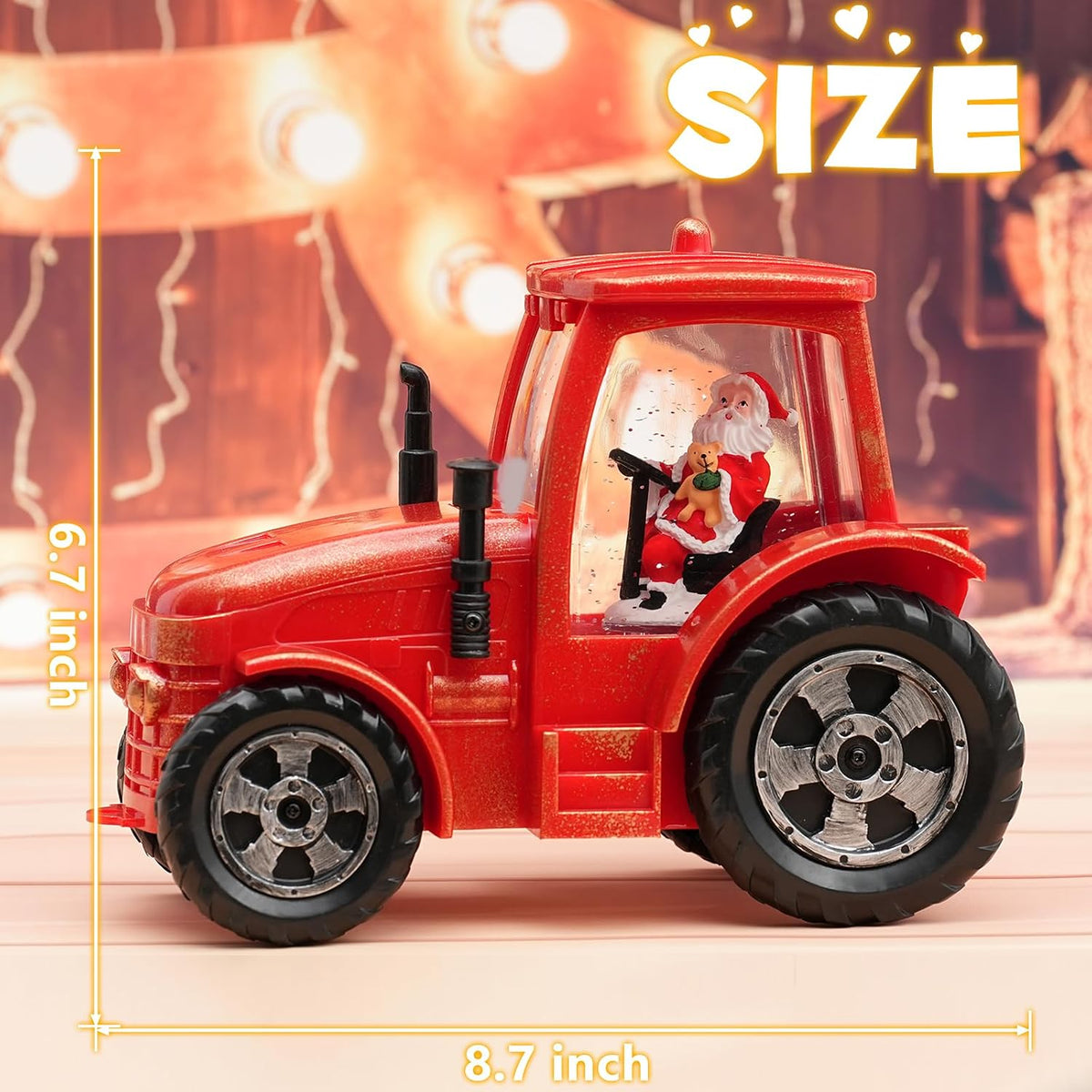 Christmas Snow Globe Lantern, Musical Lighted Red Tractor Snow Globe, 6H Timer, Battery & USB Powered Spinning and Swirling Glitter Christmas Santa Snow Globes Decorations Gifts for Old Man, Father