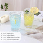 Vintage Glassware Drinking Glasses Set of 6,13 oz Clear Textured Flower Design Glass Water Tumblers，Embossed Striped Drinkware for Water,Cocktails,Juice,Iced Coffee