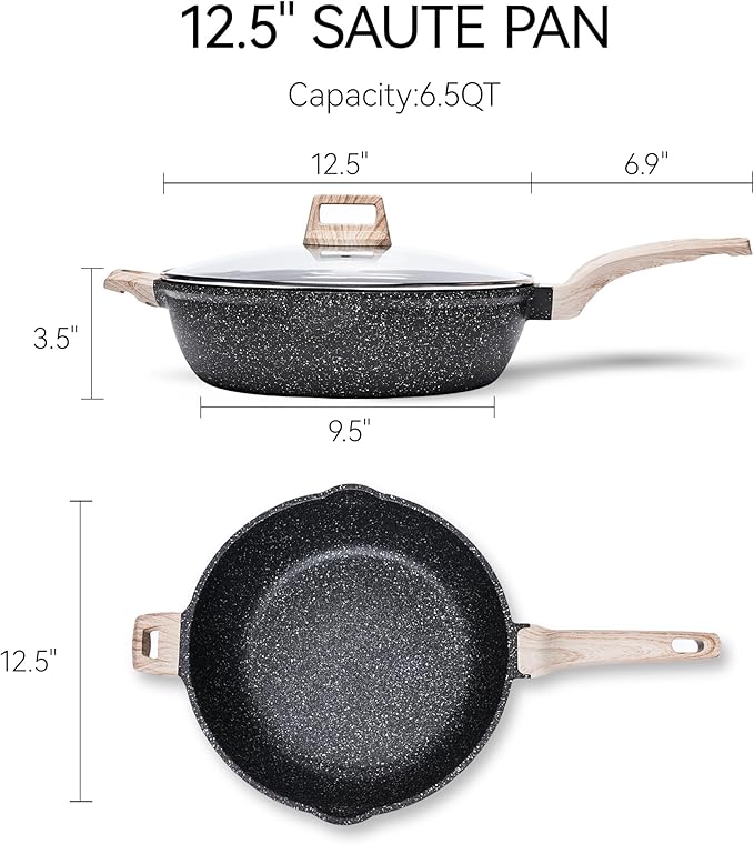 CAROTE 12.5 Inch Nonstick Deep Frying Pan with Lid, 6.5 Qt Jumbo Cooker Saute Pan with Pour Spout, Skillet Induction Cookware, Non Stick Cooking Pan PFOA Free, Classic Granite