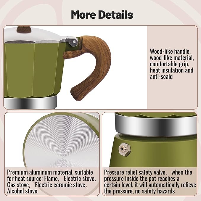 3 Cup Aluminum Moka Pot Classic Stovetop Espresso Coffee Maker 150ml 5oz Coffeemaker Percolator Mocha Pot Greca Coffee Maker Cafe Makers for Italian and Cuban Café Brewing Green