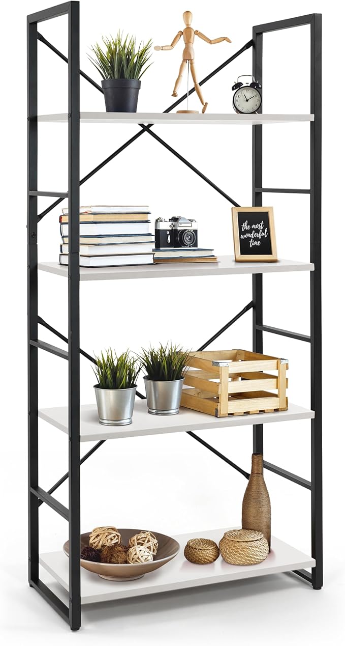 CAPHAUS 4 Tier Bookshelf, 24 Inch Width Free Standing Shelf, Bookcase Shelf Storage Organizer, Industrial Book Shelves for Home Office, Living Room, Kitchen, White Shelves & Metal Frame