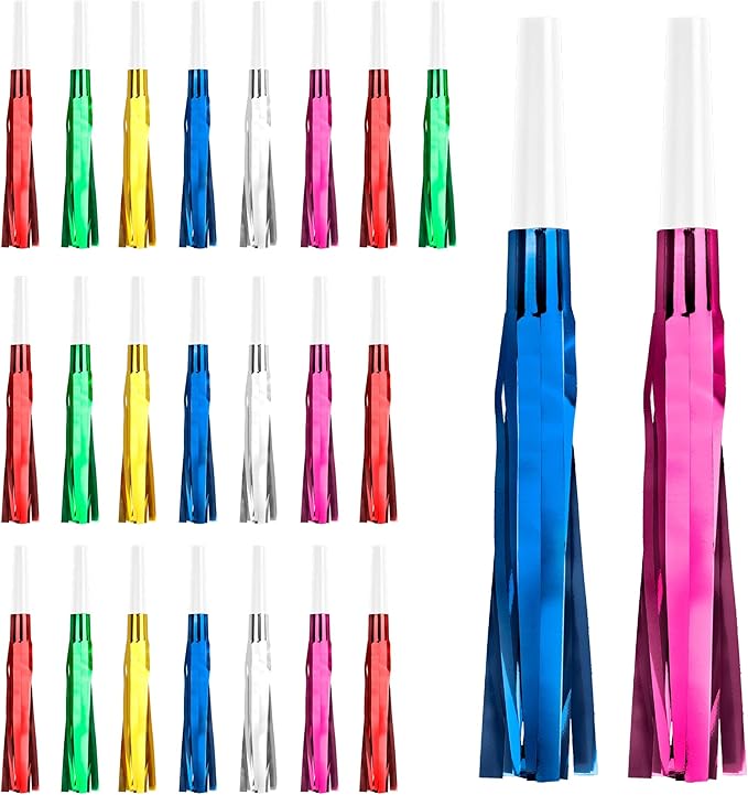 Noise Makers, 24 PCS Gold Noise Makers, Glitter Metallic Fringed Party Blowers Noisemakers Horns for Adults for 2025 New Year Eve Party Birthday Sporting Events Favor Supplies Decorations (Mixcolor)